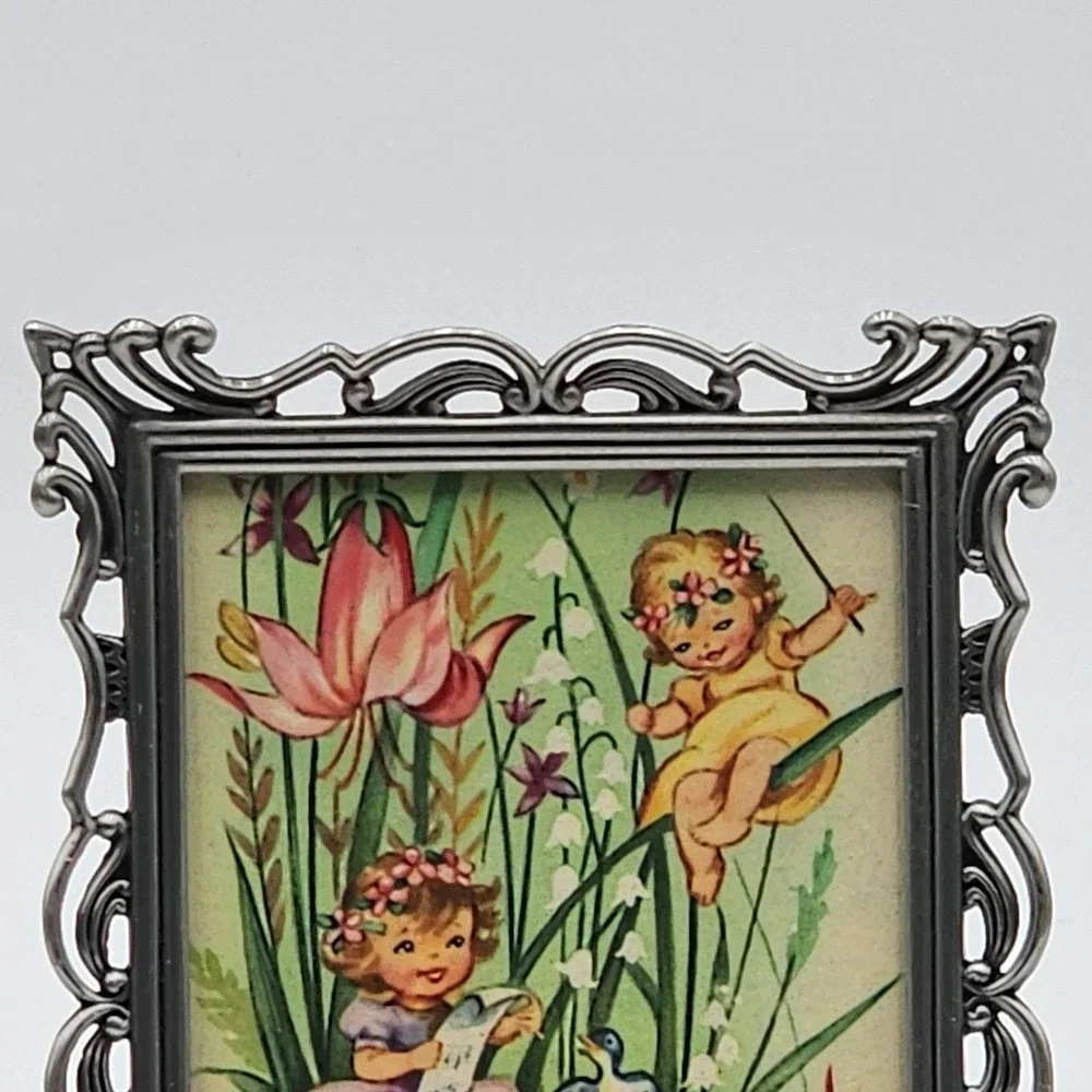 Vintage Silver Tone Baroque Picture Frame Ornate 3x5 Pixie Fairies Card Print